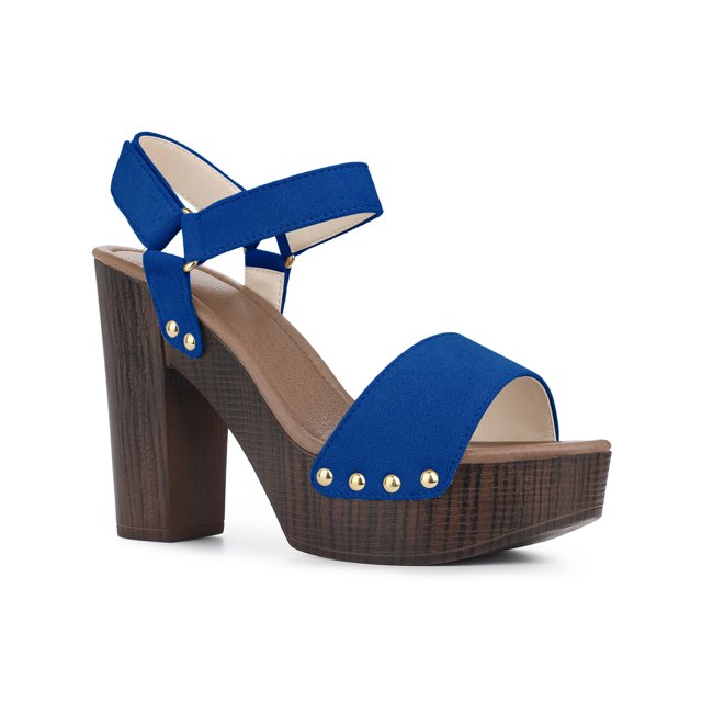 BLISSFUL STEP Sandales à Talons Hauts à Plateforme à Bride Arrière pour Femmes, Talons Épais, Bleu Foncé (Taille 8)