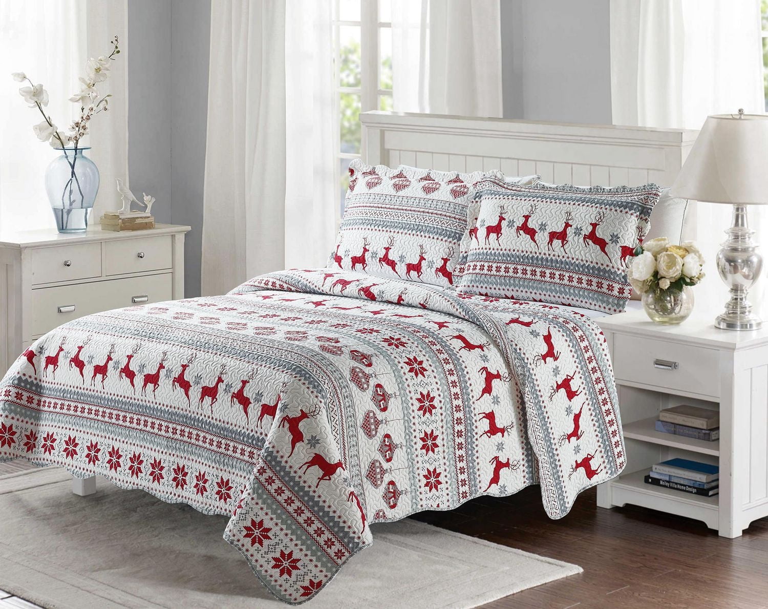 Marina Decoration Rich Printed Embossed Pinsonic Coverlet Bedspread Ultra Soft Bedding Summer Christmas Quilt Set with Shams, Xmas Deer Pattern