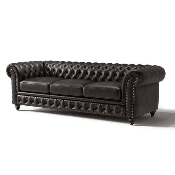 Valencia Parma 92" Full Aniline Leather Chesterfield Three Seats Sofa | Premium Full Aniline Leather, Artisan Crafted Nailheads, Classic Design, Black