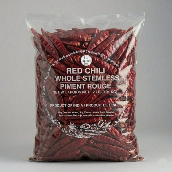 Just Spices - Piment Rouge Entier Sans Pied, 2 lb, Piment Fort, Produit de l'Inde