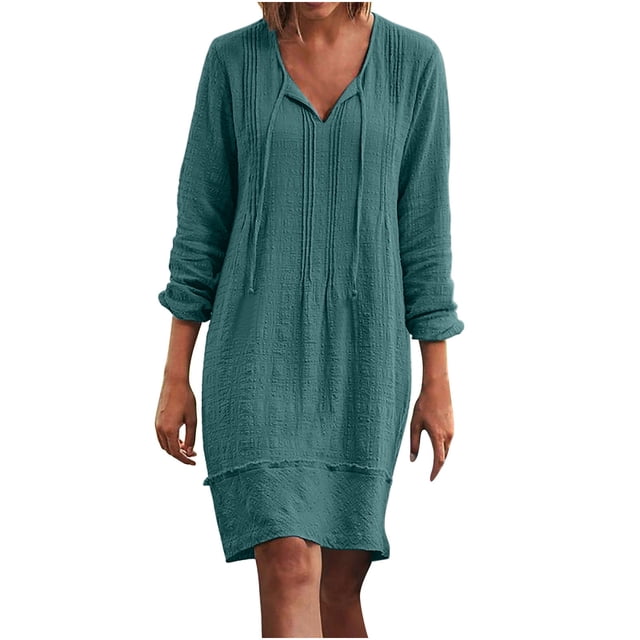DPTALR Robe Femme en Coton et Lin à Col en V Ample à Manches Trois Quarts Unie Longueur Genou