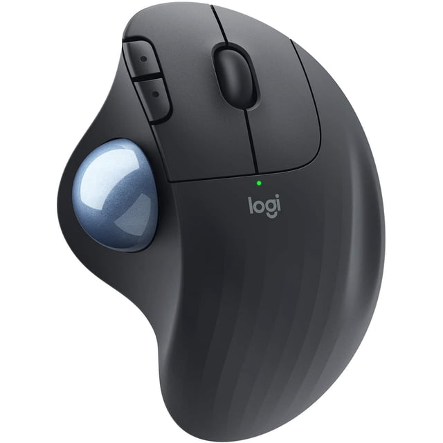 FYBTO ERGO M575 Wireless Trackball Mouse in graphite grey, featuring an ergonomic design with a sculpted shape for thumb control and smooth tracking. Includes Bluetooth and USB connectivity options with a 33 ft (10 m) range. Ideal for Windows and Mac systems, it is powered by a single AA battery lasting up to 24 months with USB or 20 months with Bluetooth. Designed for comfort and efficiency in tight workspaces.