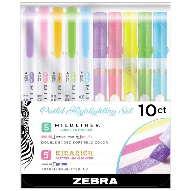Pastel Highlighting Set 10 pack with five Mildliner double-ended markers featuring bullet and chisel tips in soft pastel colors and five Kirarich glitter highlighters with chisel tips in coordinating pastel shades, all in Zebra branded packaging, suitable for hand lettering and creative applications.