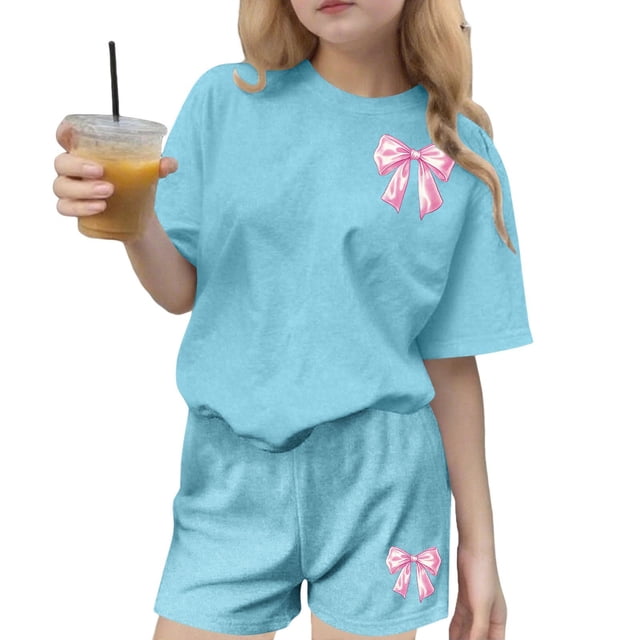 Robe d'Été à Manches Courtes Haut à Manches Courtes et Short Ensemble Deux Pièces pour Enfants Mignonne Détente d'Été Col Rond