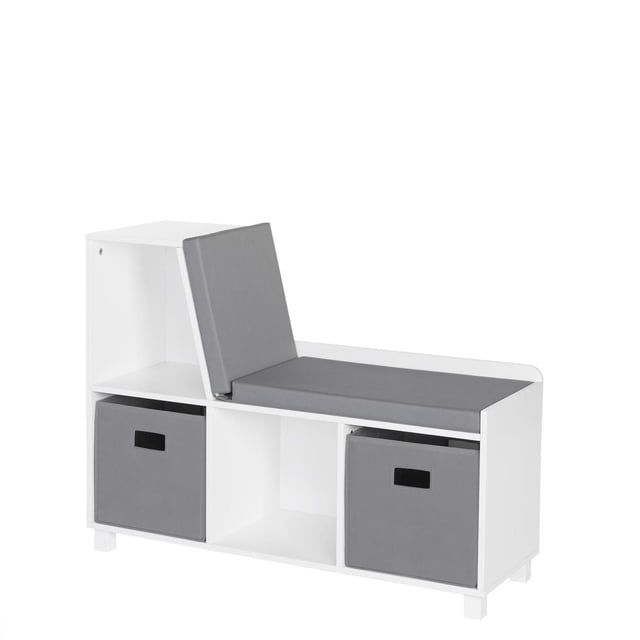 RiverRidge® Home Book Nook Collection Storage Bench with Cubbies in White for Kids with 2-Piece Taupe Bins, featuring a white painted MDF frame with six cubbies, two lower cubbies holding taupe fabric bins, and a gray cushioned bench top with a foldable backrest, suitable for kids' playroom storage and seating.