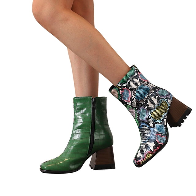 Cameland Large Women's Punk High Heel Rectangle Toe Thick Heel Zipper Contrast Mart Short Boots