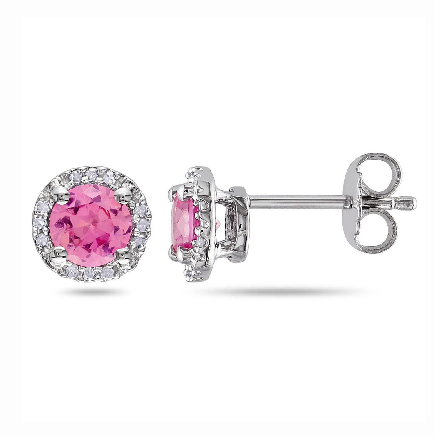Boucles d'oreille de forme auréole Tangelo avec saphirs roses synthétiques 1-1/6 CT PBT et accents de diamants en argent sterling