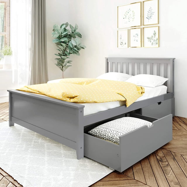 BEDSMART Lit Double en Bois Massif avec Rangement / Gris