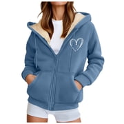 felwors Womens Fleece Lined Zip Up Hoodie Thermal Warm Sherpa Pullover Sweatshirts Love Heart Print Sweaters Cute Tops Blue, XL