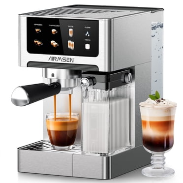 AIRMSEN Machine à Espresso avec Écran Tactile Couleur, 20 Machines à Cappuccino Latte avec Mousseur à Lait Automatique, Cafetière Espresso à Double Chaudière en Acier Inoxydable pour la Maison, 1350 W