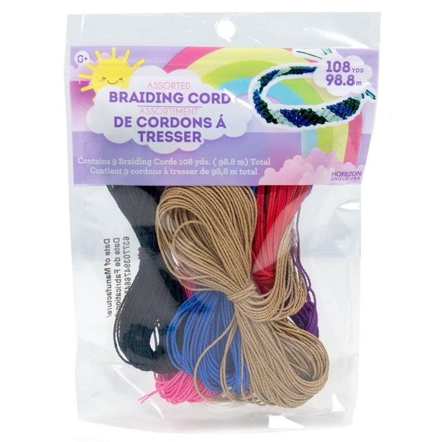 Horizon Group USA Braiding Cord 9-pack with assorted colors including black, natural tan, red, purple, blue, and pink, totaling 108 yards (98.8 meters) of durable craft cord ideal for making friendship bracelets, macrame, and decorative braiding projects.