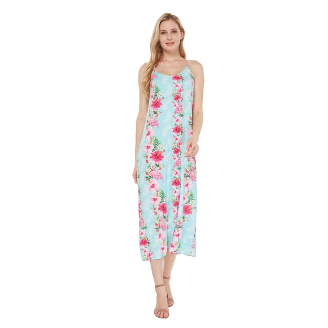 Robe Maxi à Imprimé Floral Hawaïen pour Femmes S Rose Turquoise Hibiscus Vigne
