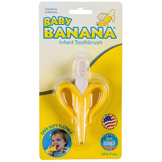 Baby Banana Brosse à Dents et Anneau de Dentition pour Nourrisson en Forme de Banane Jaune Pelée avec Poils en silicone Souple pour un massage Doux des Gencives, Emballée sur une Carte Jaune et Crème Sans BPA et Fabriquée aux É.-U.