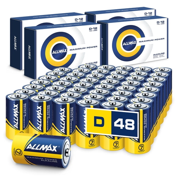 Allmax Piles Alcalines D Puissance Maximale (48 Unités) – Ultra Longue Durée, Conception Étanche, Durée de Conservation de 7 Ans, Performance Maximale (1,5 V)