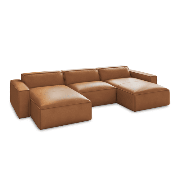 Valencia Nathan Full Aniline Leather Modular Sofa Three Seats with Two Chaises 124" | Full Aniline Leather, Top Stitched Seam, Ultimate Comfort, Down Feather, Caramel Brown