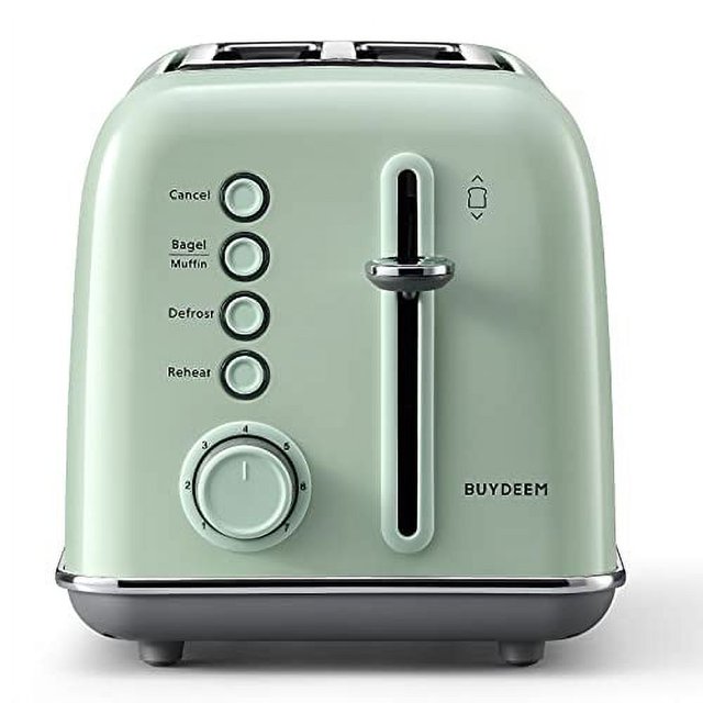BUYDEEM DT-620 Grille-Pain 2 Tranches, Fentes Extra Larges, Acier Inoxydable Rétro avec Levier de Levage Élevé, Fonction Bagel et Muffin, Plateau Ramasse-Miettes Amovible, 7 Réglages de Brunissage (Vert Confortable)