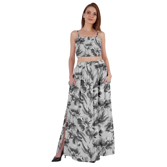 Bimba 2 Pcs Robe de Plage Aguichant pour Femmes Imprimée Smockée Crop Top & Longue Jupe Ensemble