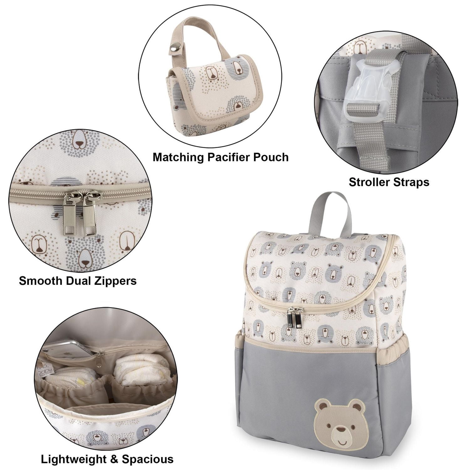 Baby Essentials Multi-Pocket Teddy Bear Print Baby Diaper Bag Backpack with Stroller Straps, Matching Changing Pad and Pacifier Pouch