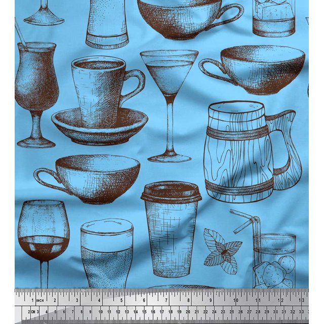 Soimoi polyester Crepe Fabric Jug,Wine Glass & Cups Print Sewing Fabric Yard 42 Inch Wide