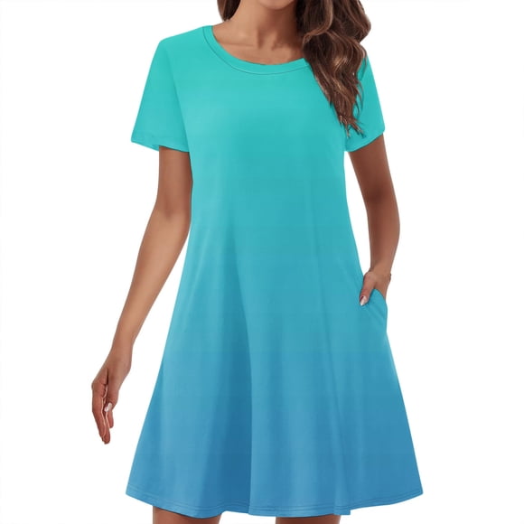 AherBiu Womens T Shirt Dress Loose Fitted Summer Casual A Line Short Dress Trendy Gradient Color Mini Dress with Pockets