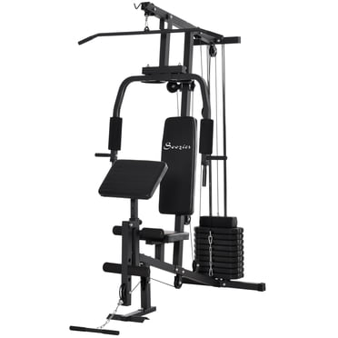 Soozier Multifunction Home Gym Equipment, Strength Training Workout Station with 100Lbs Weight Stack for Lat Pulldown, Leg Extensions, Preacher Bicep Curls, Triceps Pulldowns