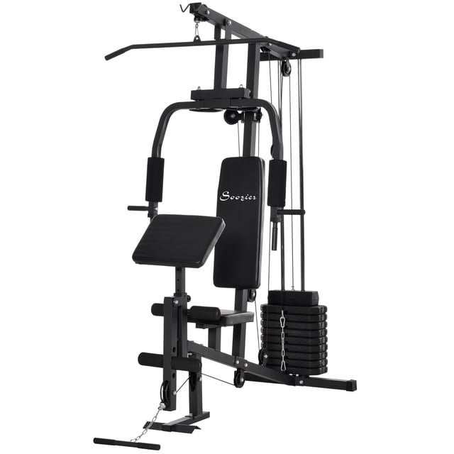 Soozier Multifunction Home Gym Equipment featuring a black steel frame with a 100 lbs weight stack. Includes components for lat pulldown, leg extensions, preacher bicep curls, and triceps pulldowns. Designed with roller padding, a leg developer, and non-slip end caps for stability. Dimensions are 58.25 inches long, 42.5 inches wide, and 81.5 inches high. Suitable for full-body strength training at home.