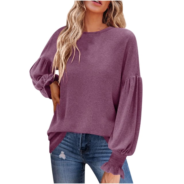 XZNGL Chemises à Manches Longues pour Femmes pour l'Automne Tuniques de Mode pour Femmes pour Porter avec des Leggings Col Rond Manches Lanterne Chemises à Manches Longues Chandails Décontractés d'Automne Blouse T-Shirts Tuniques pour Femmes à Manches Longues