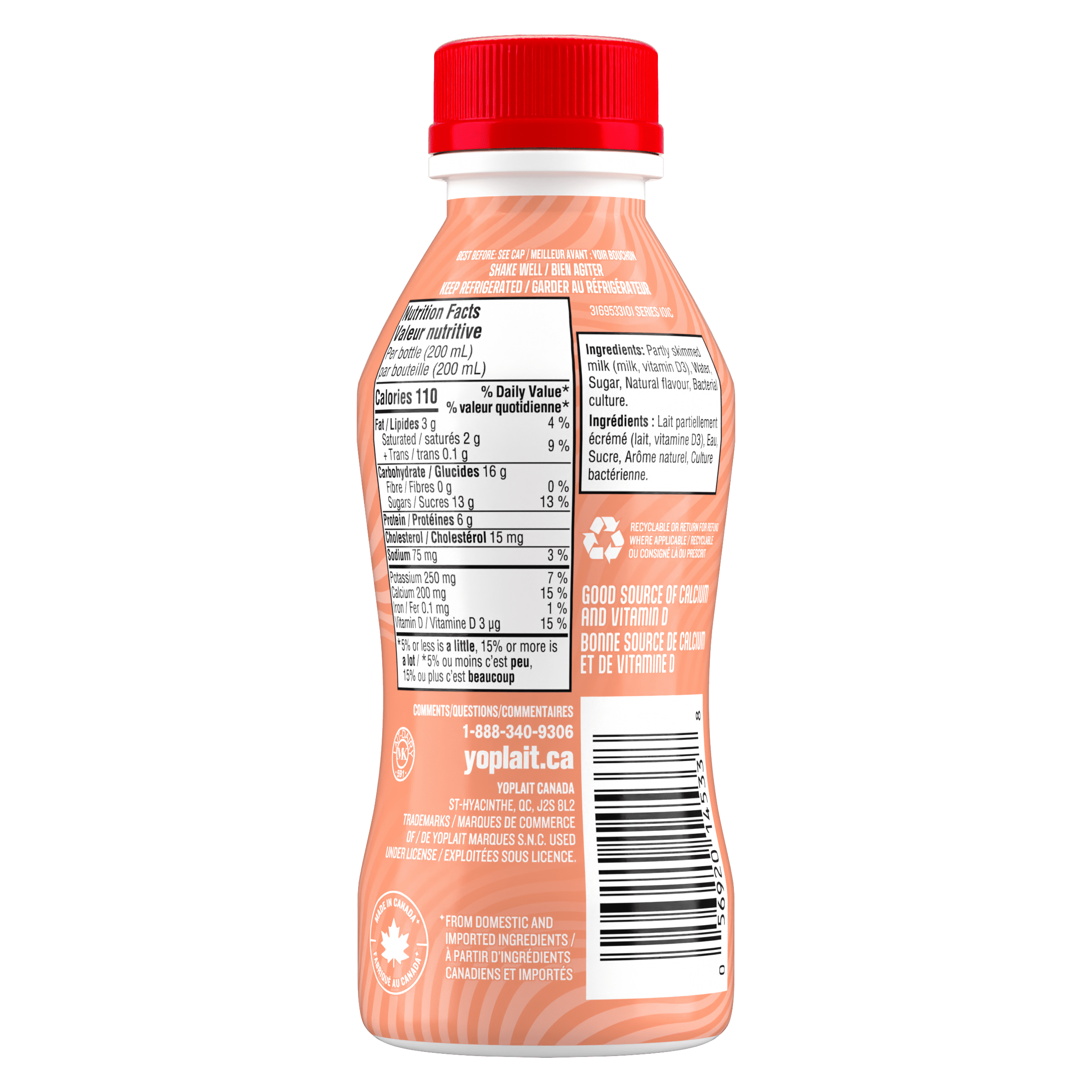 Yogourt à boire Yoplait Yop 1 %, pêche, boisson au yogourt, 200 mL