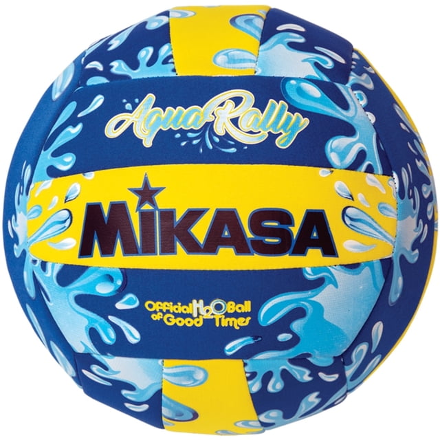 Mikasa Aqua Rally Series Volleyball in recreational size 5, featuring a vibrant blue and yellow water splash design with stitched cover. Made of 90% polyester and 10% rubber, this volleyball is designed for water use and recreational play. It offers a super-soft impact for added safety, making it suitable for all ages and skill levels. The ball is sold deflated, pump not included.