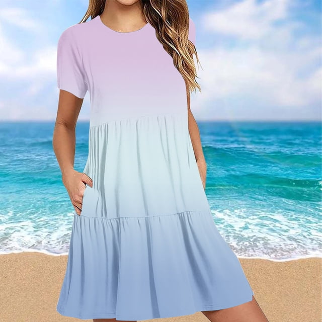 Weiqiqre Robes de Travail pour Femmes, Robe T-Shirt d'Été Décontractée à Manches Courtes pour Femmes, Robes Mini à Étages avec Poches