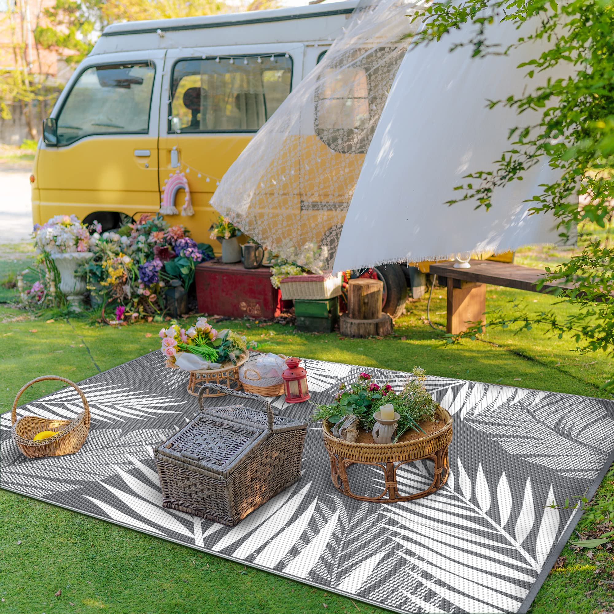 DEORAB 6'x9' Tapis d'Extérieur Imperméable pour Patio, Léger, Réversible, en Plastique, Tapis de Camping Extérieur, Gris et Blanc