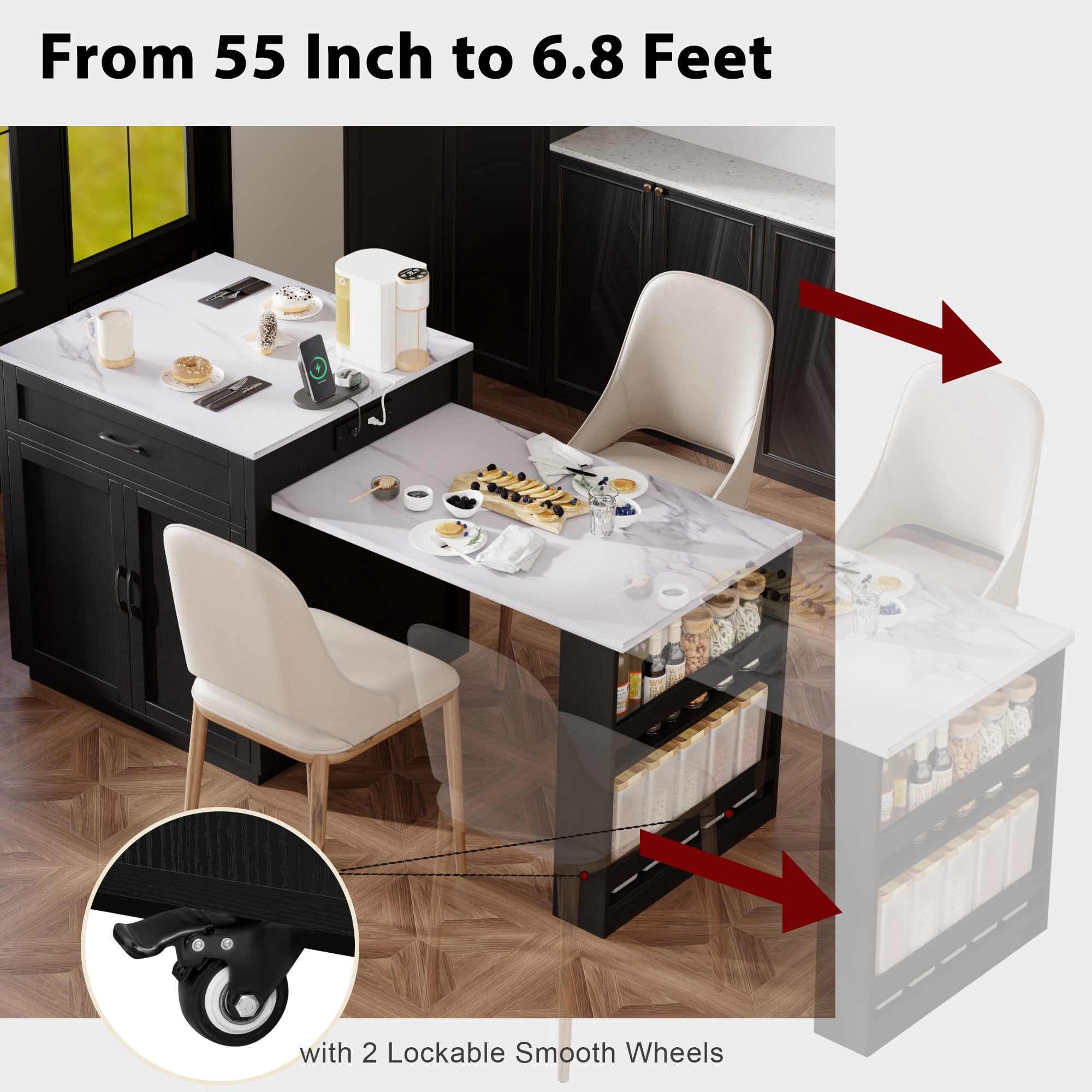 Îlot de cuisine Noble House 82,7 po avec table à manger extensible pour 4 à 6 personnes, noir