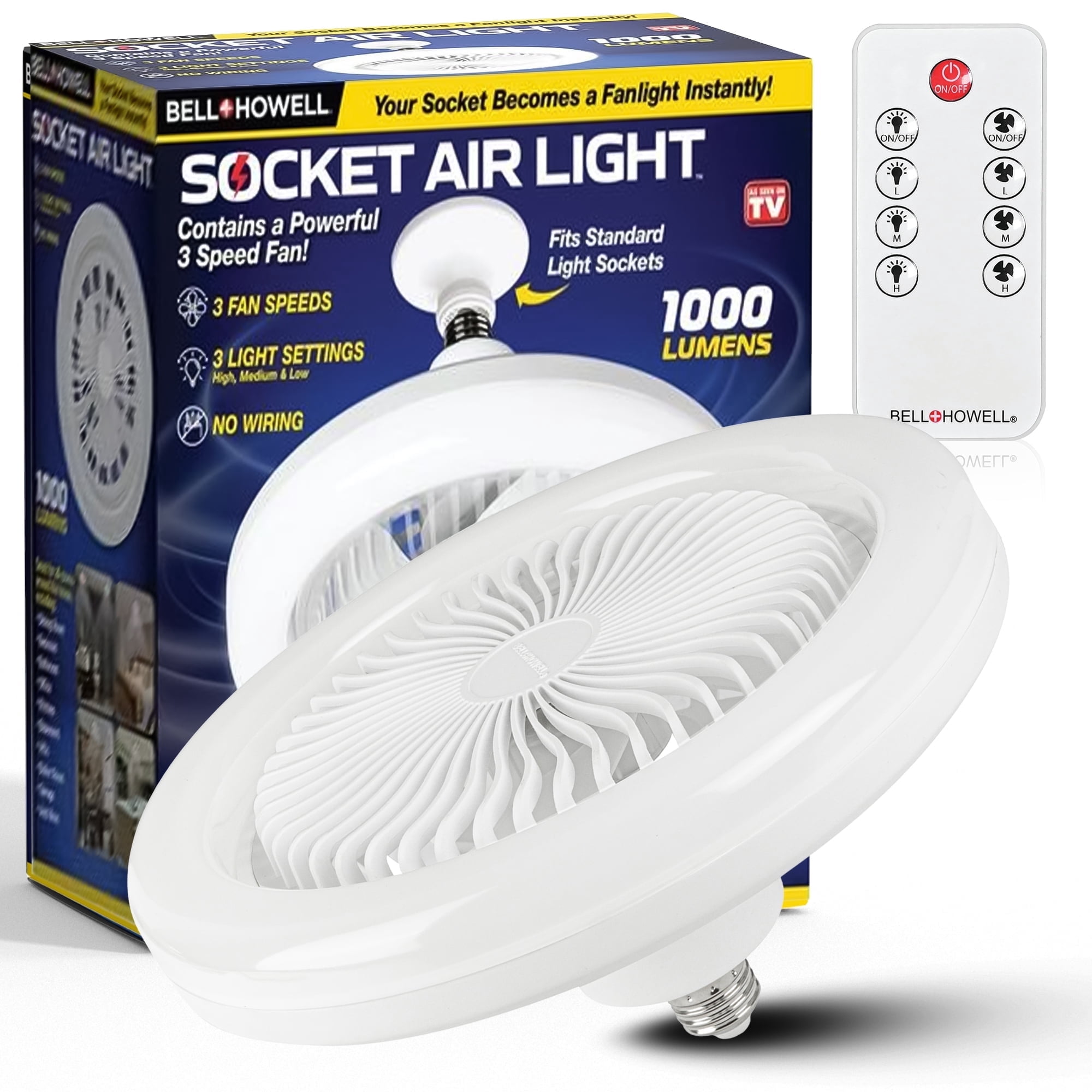 Bell + Howell Socket Air White Screw-In LED Ceiling Fan Light with Remote for Bedroom & Office, Modern, Easy Clean