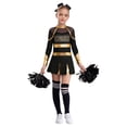 thumbnail image 1 of JanJean Costume de Pom-Pom Girl d'Halloween pour Filles Enfants, Uniforme de Cheerleading à Manches Longues, Robe de Danse et Ensemble de Couvre-Chef avec Pompons, Or&Noir 12, 1 of 7