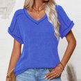 thumbnail image 1 of Soki T-Shirts pour Femmes Basiques Décontractés à Col en V de Couleur Unie Plissés à Manches Courtes, 1 of 5