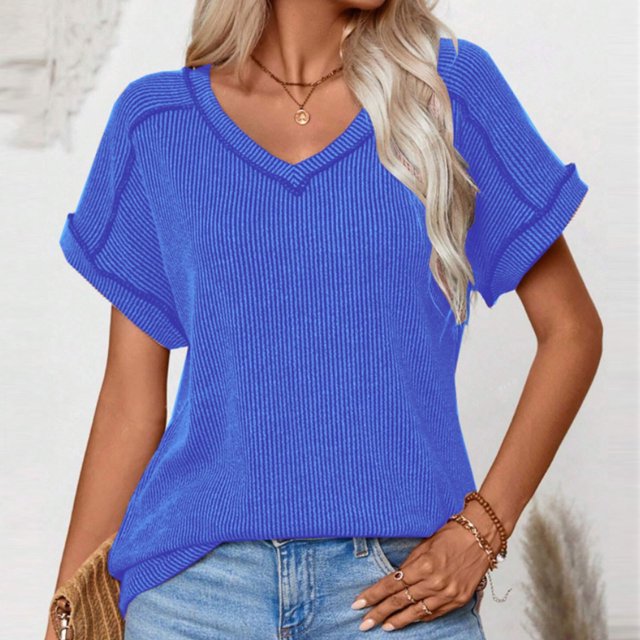 Soki T-Shirts pour Femmes Basiques Décontractés à Col en V de Couleur Unie Plissés à Manches Courtes