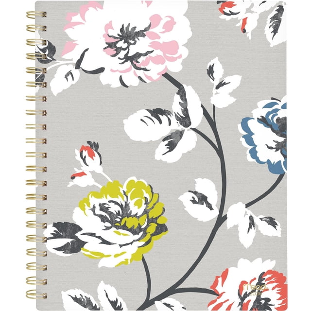 2026 Mead® Greyson Floral Large Weekly Clear Poly Cover Planner with a durable water-resistant clear poly cover featuring a grey background and multicolour floral design with large pink, yellow, blue, and red flowers and black and white leaves, twin gold coil binding resists snagging and lays flat for ease of use.