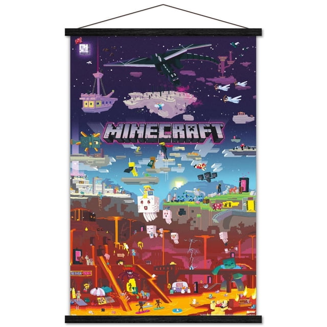 Minecraft - Affiche Murale « World Beyond », 22,375 Po x 34 Po Représentant des Personnages et des Créatures Minecraft Pixélisés comme un dragon Noir et des Fantômes sur des Îles Flottantes et un terrain Superposé dans une Scène Fantastique Vibrante. Imprimée sur Papier d'Affiche Brillant avec Supports Adhésifs, Convient à la Déco de Pièce et à l'Art Mural.