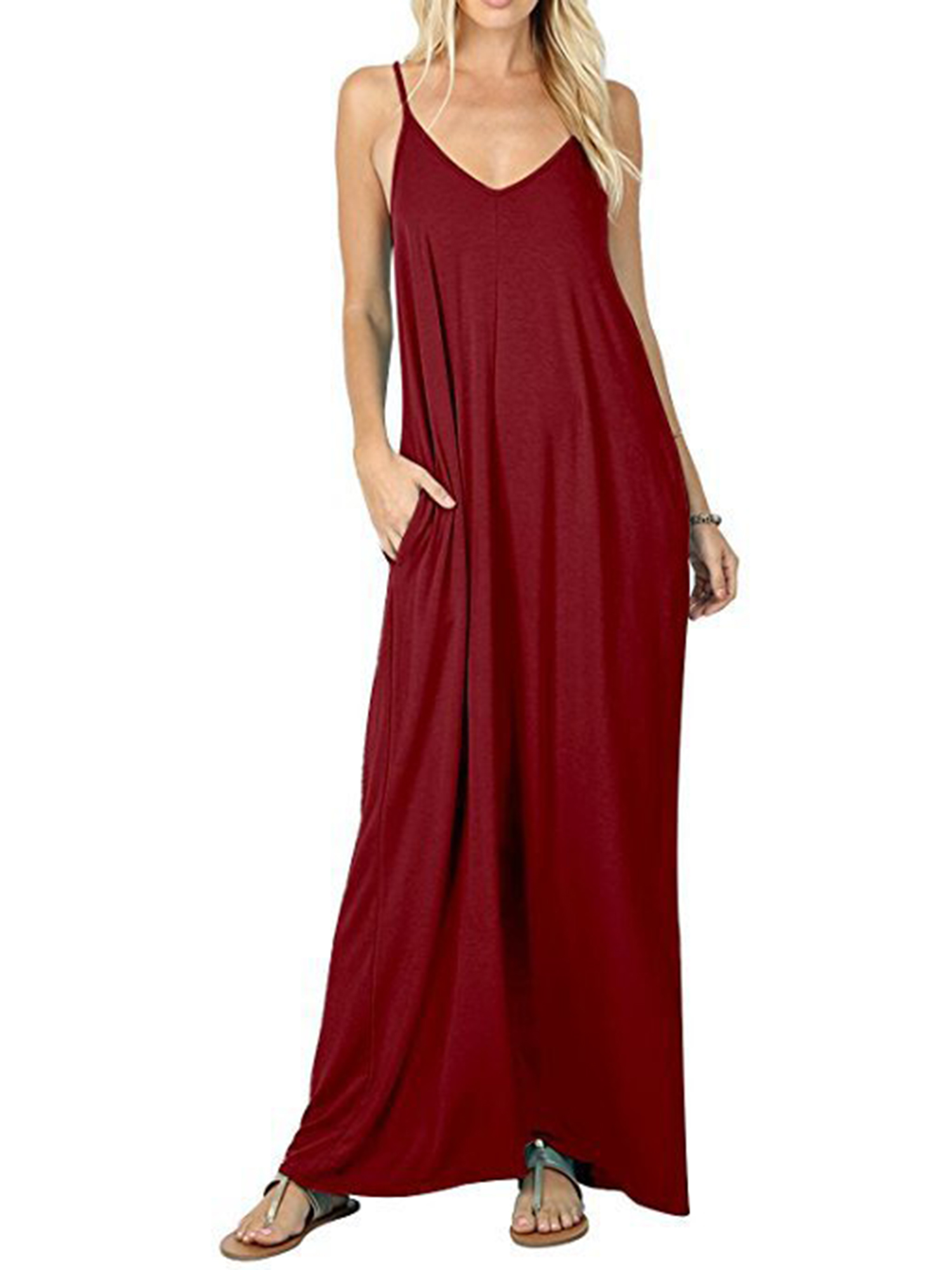 Robe Longue Maxi d'Été pour Femme Sans Manches à Bretelles, Style Bohème, Col en V, Caftan, Robe Soleil