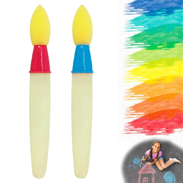 HEMNJUM Sidewalk Chalk Paint Brush set with two brushes featuring yellow foam tips, one with a red handle and the other with a blue handle. Multicolour chalk strokes are displayed alongside a child creating vibrant designs during outdoor play on a sidewalk.