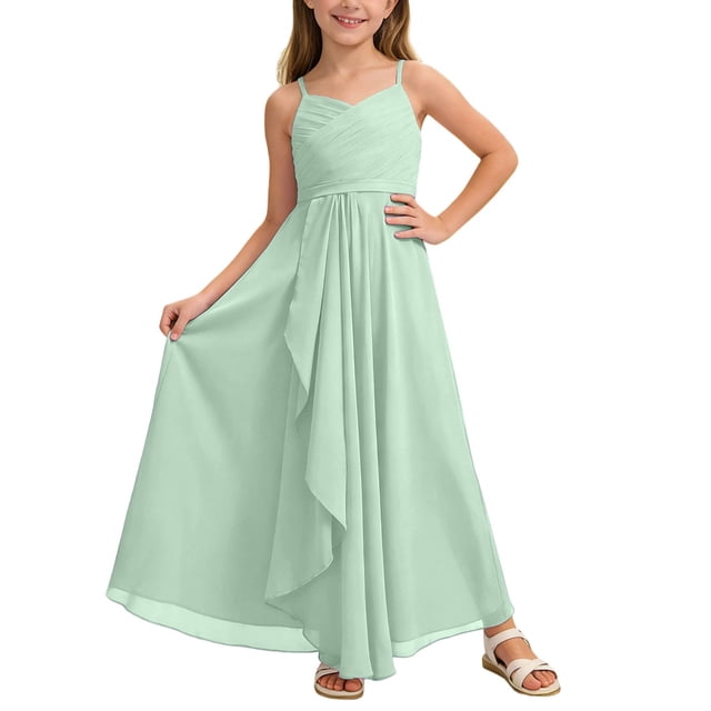 DuoJiaJ Robe Trapèze pour Fille Demoiselle d'Honneur Junior Robe Maxi Fluide en Mousseline Robe de Mariage Fête Concours Taille 13-14 Ans