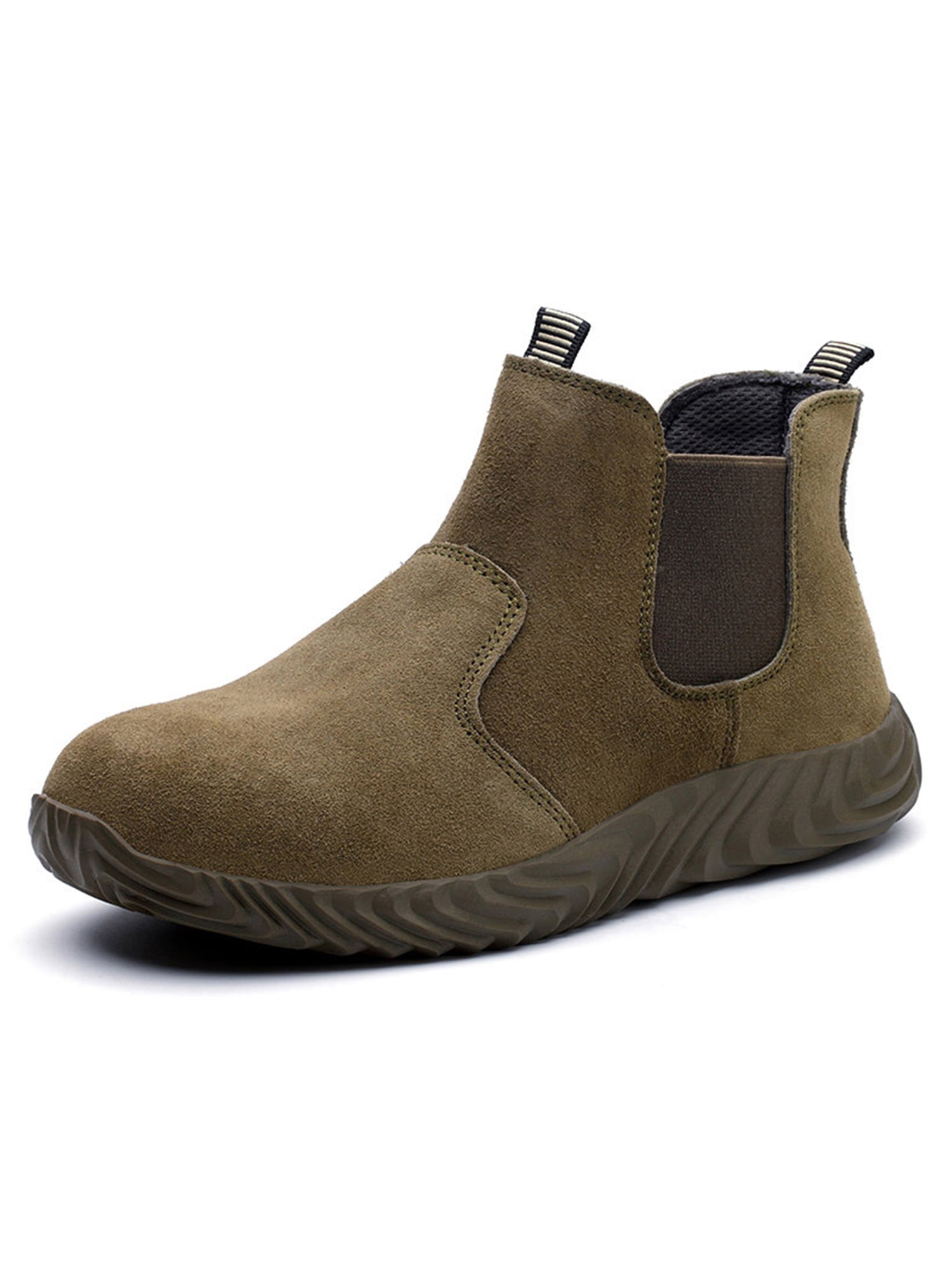 Bellella Men Work Boots Slip On Safety Shoes Steel Toe Protection Boot Comfort Chelsea Booties Construction Khaki 9.5