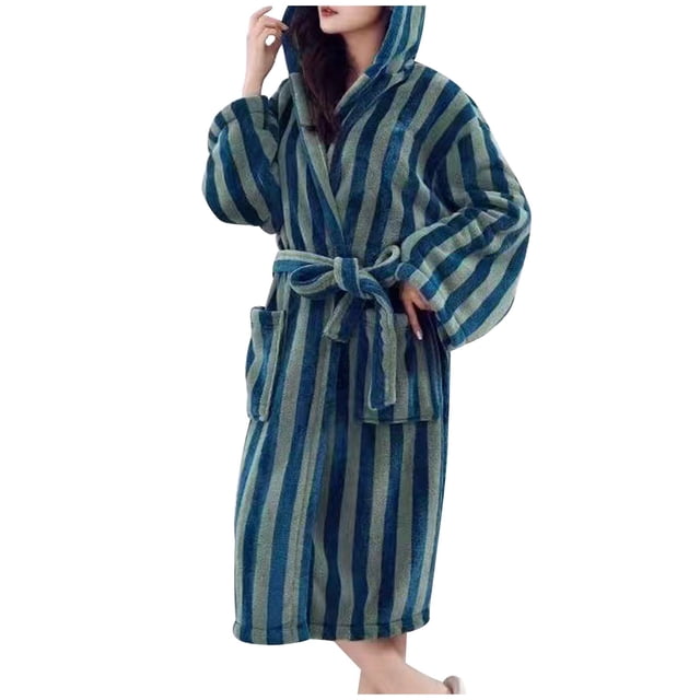 Plush Soft Hooded Robes for Women, Striped Printed Fleece Womens Robe Cozy Warm Bathrobe Luxury Hotel Spa Robe. The robe features a blue and green striped pattern, a hood, long sleeves, and a belted waist for a secure fit. Made from soft fleece material, it includes two front pockets for added convenience. Ideal for lounging, spa days, or as a cozy bathrobe.
