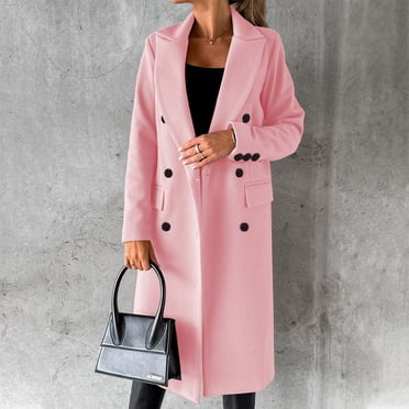 IROINID Women's Casual Long Coat Peak Lapel Solid Color Trench coat Long Sleeve Outwear, Pink