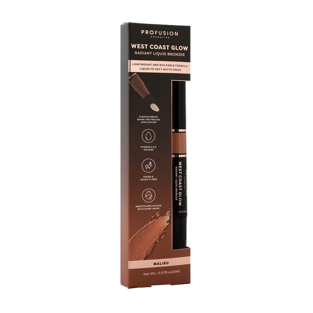 PROFUSION COSMETICS Radiant Liquid Bronzer West Coast Glow in Malibu shade, presented in a slim dual-ended pen with a curved brush for precise application, featuring a lightweight, buildable liquid formula infused with vitamins A and E, vegan and cruelty-free, for a smooth, soft matte finish and radiant complexion.