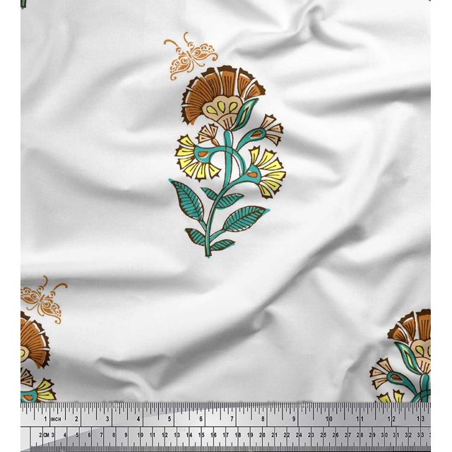 Soimoi Brown Cotton Voile Fabric Insect,Leaves & Floral Block Decor Fabric Printed BTY 42 Inch Wide