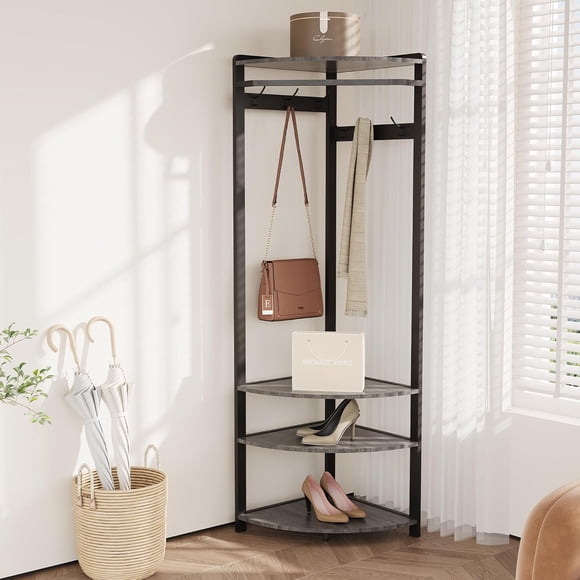 Corner Coat Rack with Shoe Bench Entryway, Corner Hall Tree with 6 Double Hooks, Corner Clothes Rack with Storage Corner Tree with Organizer Shoe Bench Shelf for Entryway, Hallway, Closet