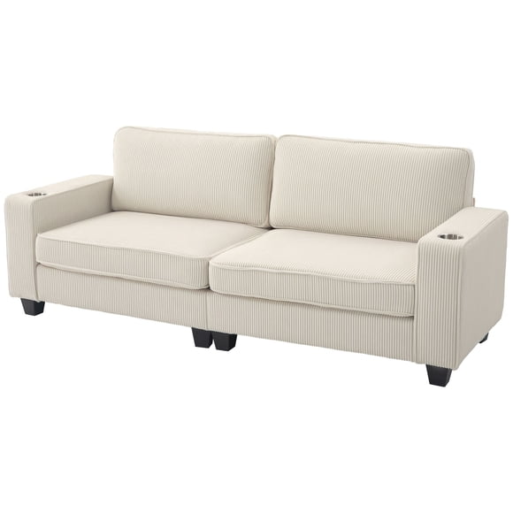 Cream White 3-Seater Sofa with Cup Holders | Fabric Couch for Living Room & Bedroom | Spring Cushion Comfort & Durable Design (89.4”W)
