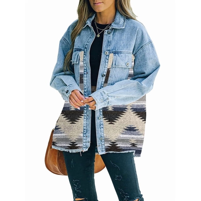 Women'S Loose Lapel Long-Sleeved Denim Patchwork Jacket Retro Raw Edge Mid-Length Jacket Blue XL