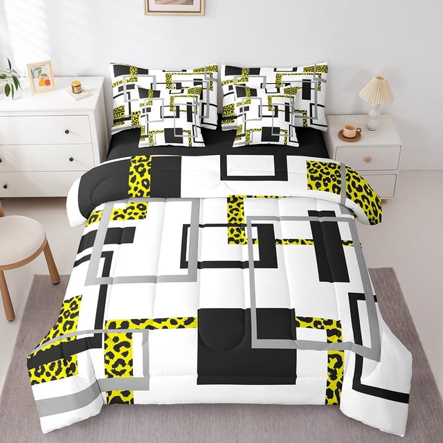 YST Black White Striped 7 Pcs Comforter Set King,Gold Leopard Pattern Bed in A Bag,Geometric Bedding Sets,Modern Square Reversible Bed Sets with Flat Fitted Sheet,Pillow Shams